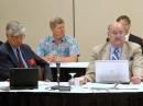 From left to right: Southwestern Division Director Dick Norton N6AA; Southwestern Division Vice Director Marty Woll, N6VI; West Gulf Division Director David Woolweaver, K5RAV, and West Gulf Division Vice Director John Robert Stratton N5AUS, listen to a presentation at the Board meeting. [Steve Ford, WB8IMY, Photo]